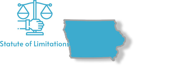 A stylized image of the state of Iowa with the words statute of limitations overlaid on top of it