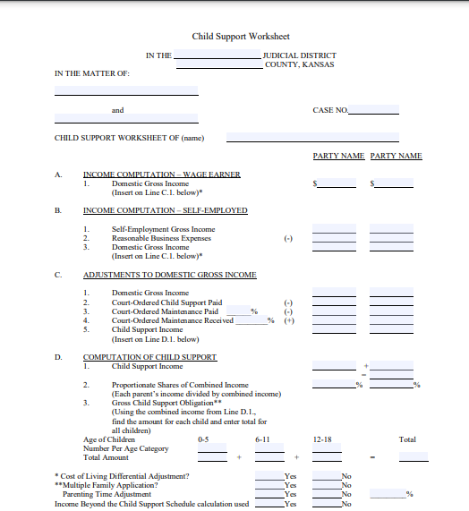 A Child Support Worksheet for the state of Kansas