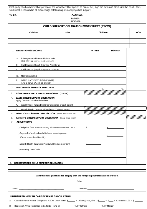 A worksheet for calculating child support in Indiana