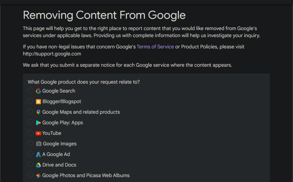 Removing content from google